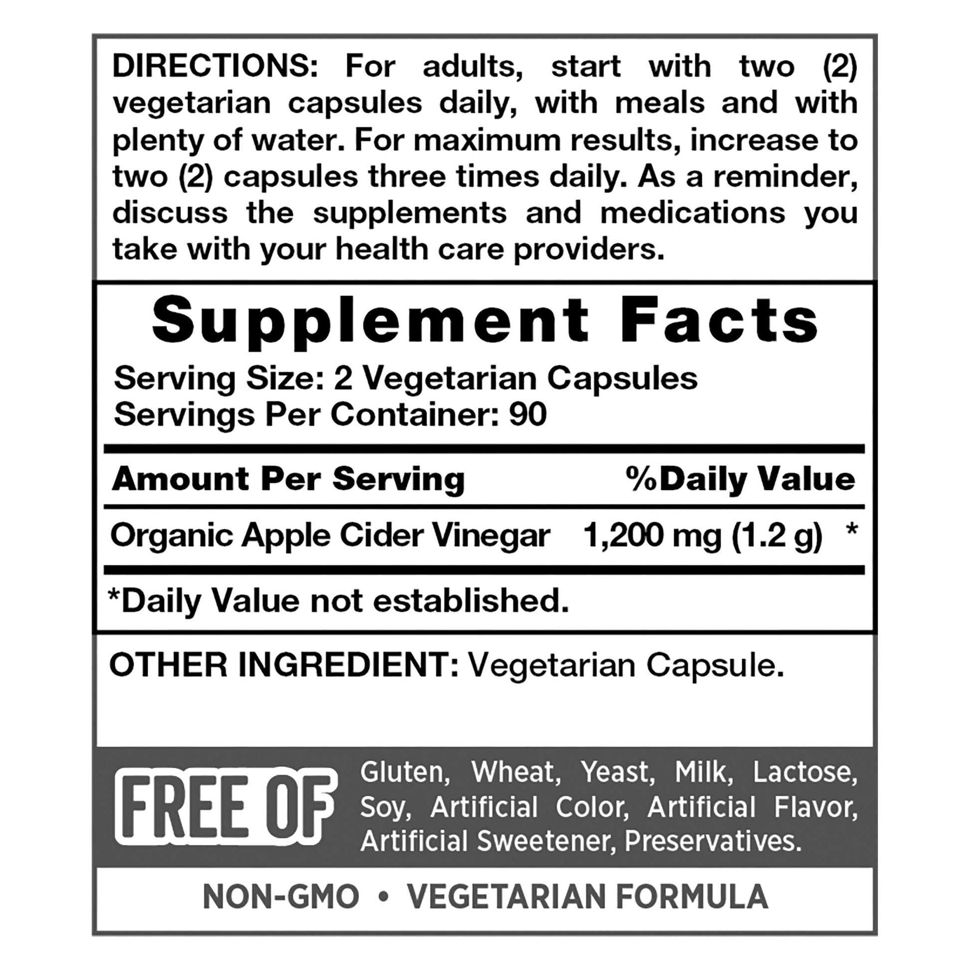 Apple Cider Vinegar 1200 Mg., 180 Capsules