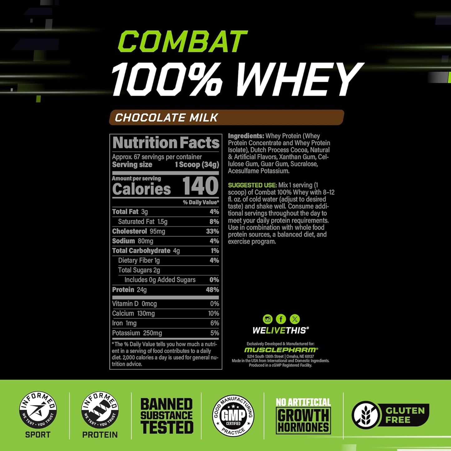 Combat 100% Whey Protein Powder, Chocolate Milk, Fast Recovery & Muscle Gain with Whey Protein Isolate, High Protein Powder for Women & Men, Gluten Free, 5 Lb, 70 Servings