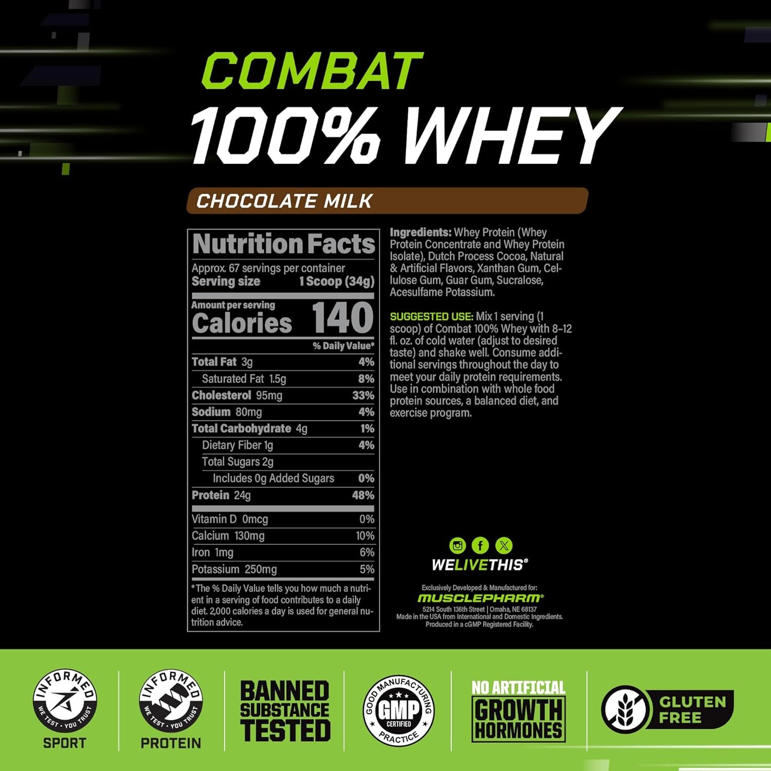 Combat 100% Whey Protein Powder, Chocolate Milk, Fast Recovery & Muscle Gain with Whey Protein Isolate, High Protein Powder for Women & Men, Gluten Free, 5 Lb, 70 Servings