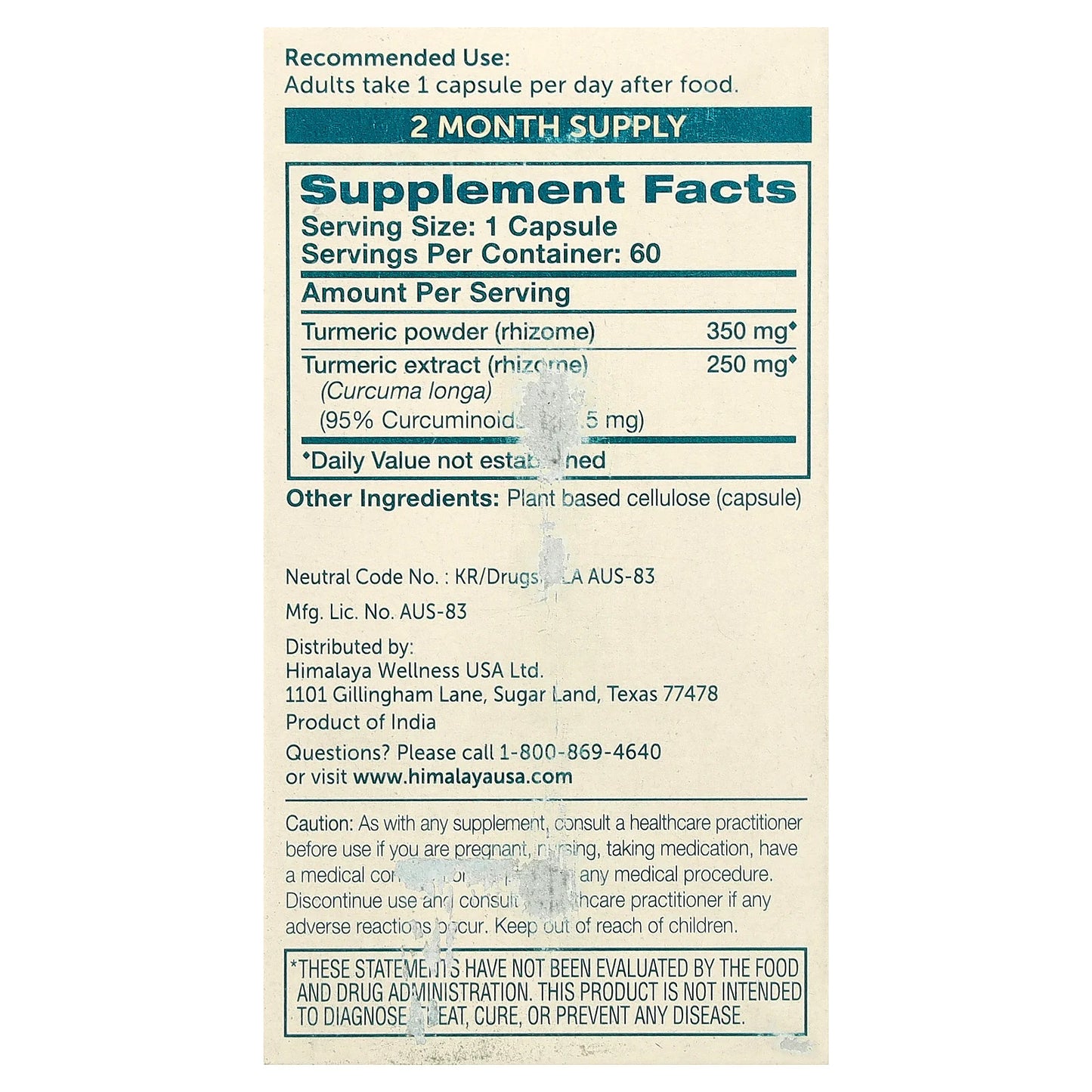 Himalaya Turmeric 95 with Curcumin 60 Vegetarian Capsules Gluten-Free,