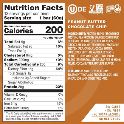High Protein Bars, Peanut Butter Chocolate Chip - Healthy Snacks, 20G Vegan Protein, High Fiber, Low Sugar, Dairy & Gluten Free (12 Count)